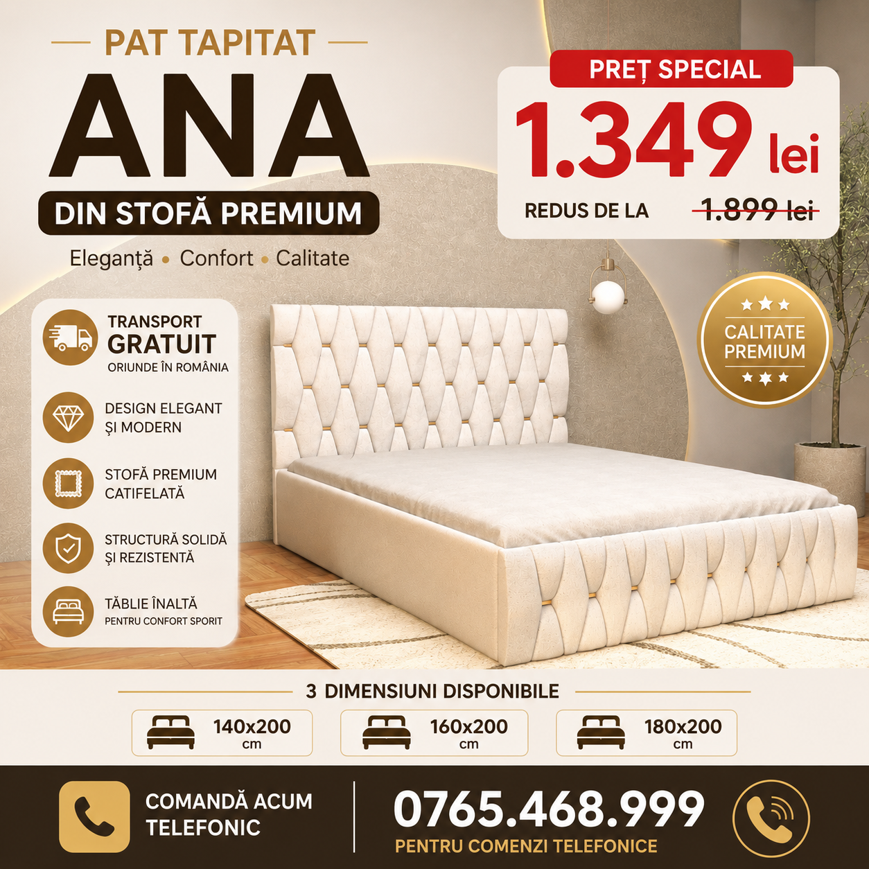 Pat Tapitat ANA Luxury din stofă premium fără saltea