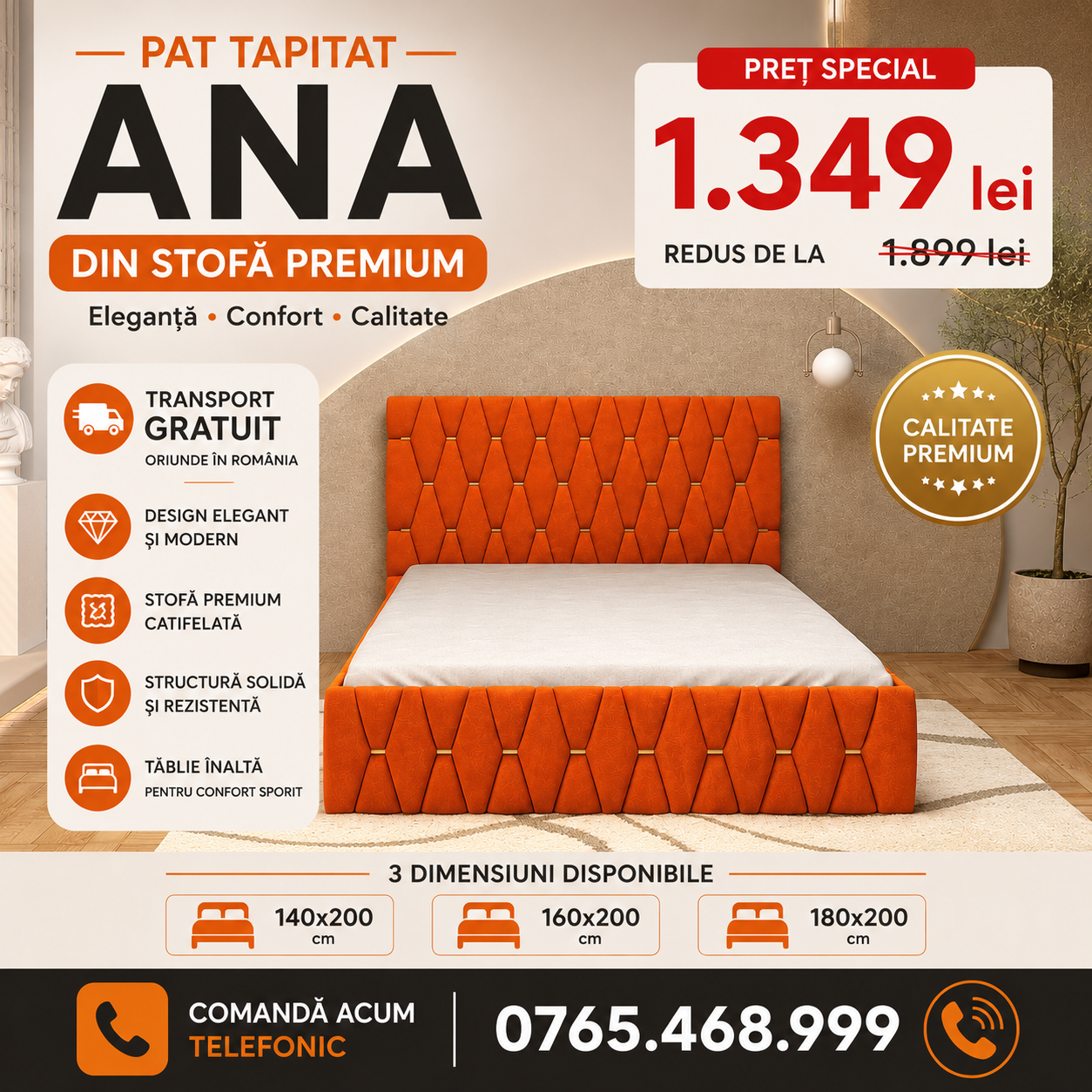 Pat Tapitat ANA Luxury din stofă premium fără saltea