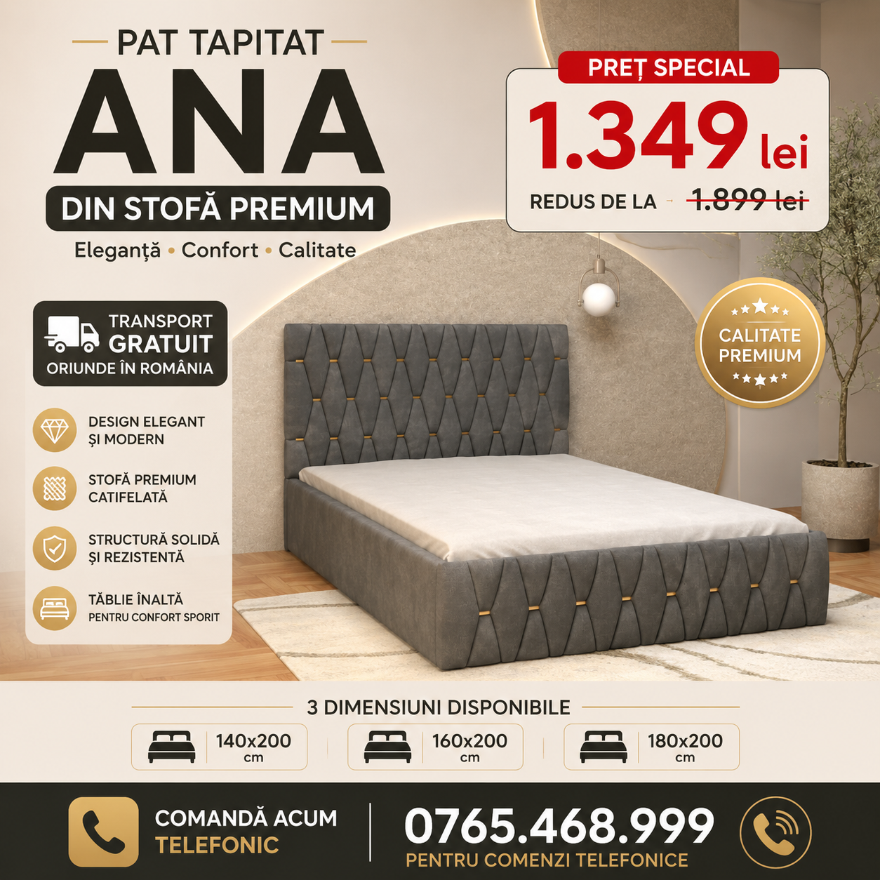 Pat Tapitat ANA Luxury din stofă premium fără saltea