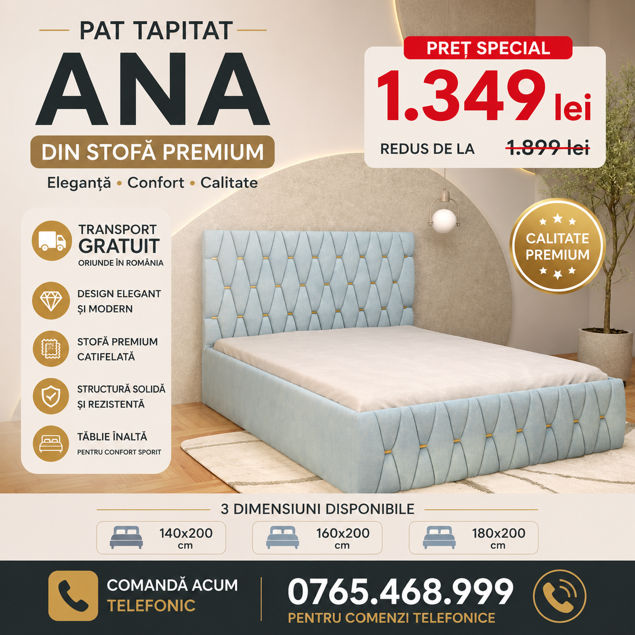 Pat Tapitat ANA Luxury din stofă premium fără saltea