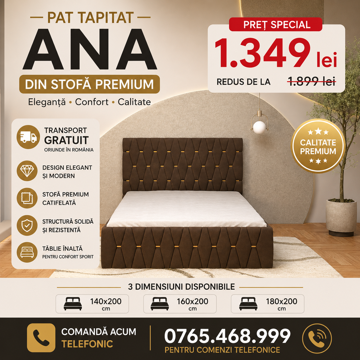 Pat Tapitat ANA Luxury din stofă premium fără saltea