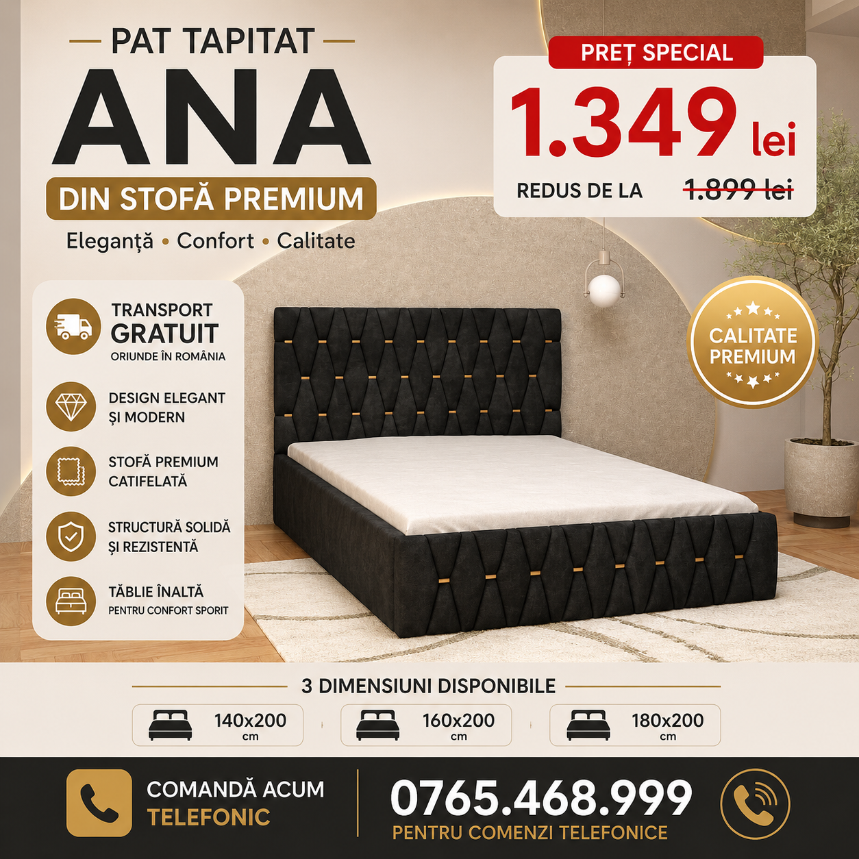 Pat Tapitat ANA Luxury din stofă premium fără saltea