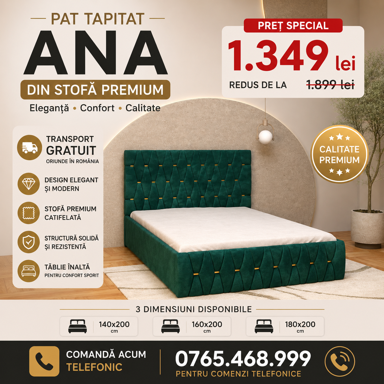 Pat Tapitat ANA Luxury din stofă premium fără saltea