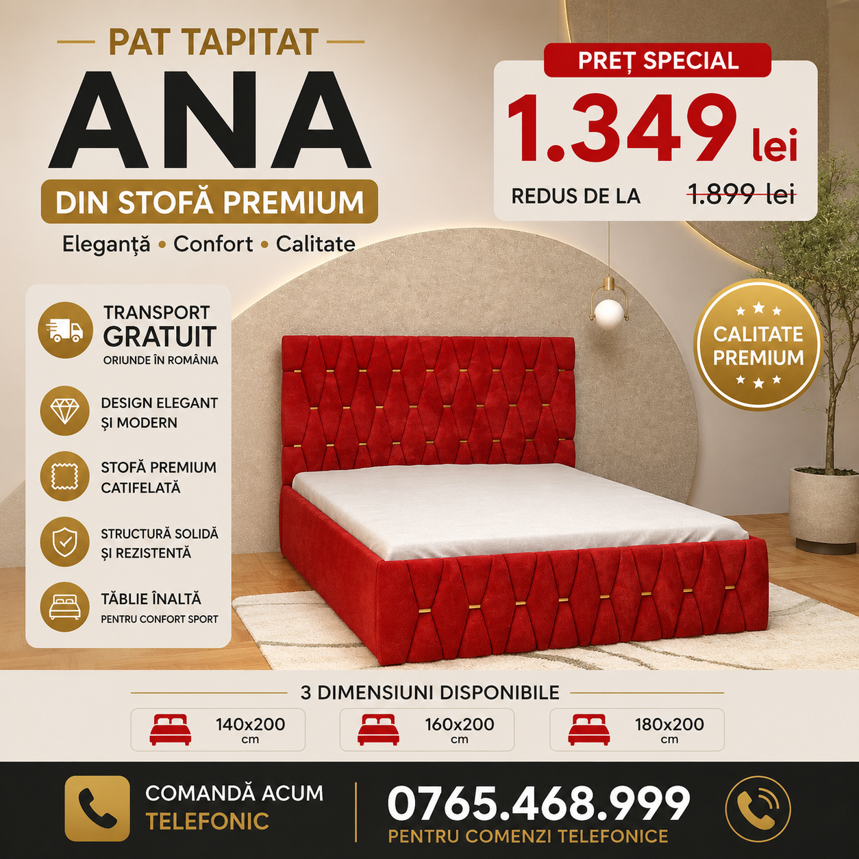Pat Tapitat ANA Luxury din stofă premium fără saltea