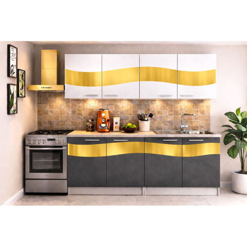 Bucatarie Jamila 200 cm Gri Alb Ornament Gold