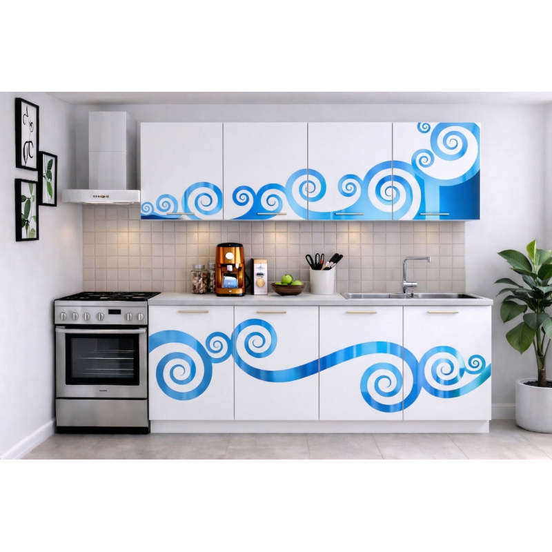 Bucatarie Roma 200 cm Alb cu Ornament Albastru