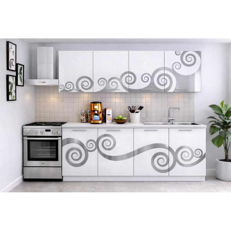 Bucatarie Roma 200 cm Alb cu Ornament Gri