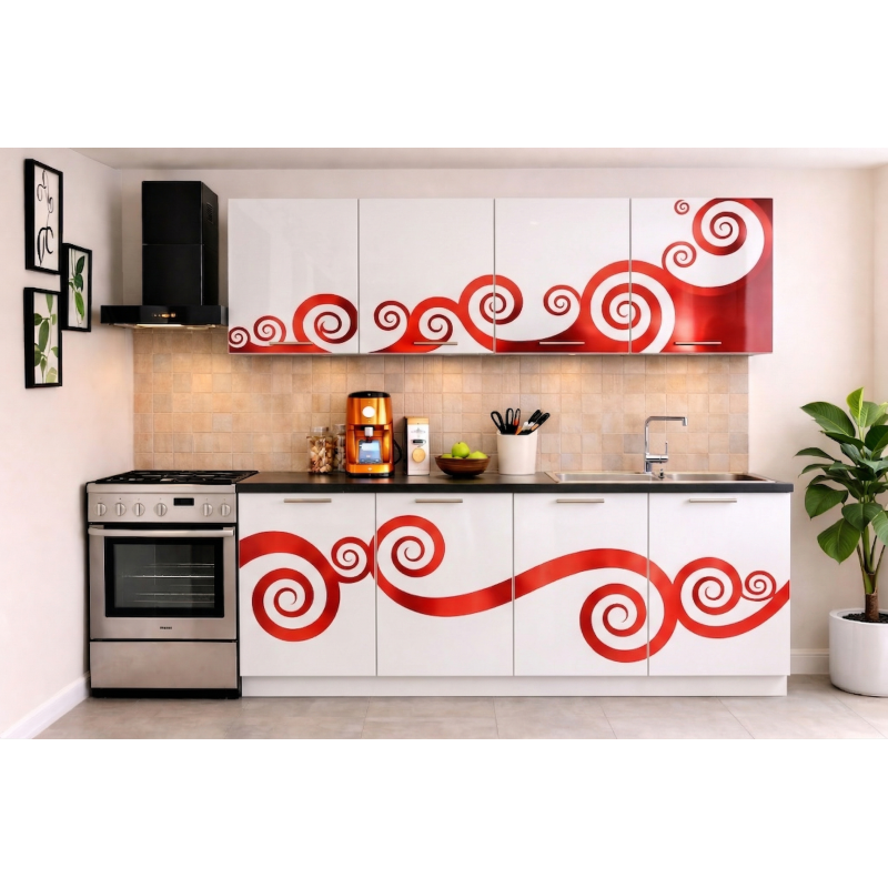 Bucatarie Roma 200 cm Alb cu Ornament Rosu