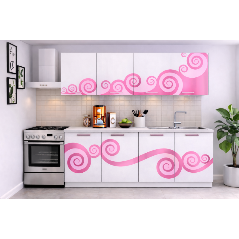 Bucatarie Roma 200 cm Alb cu Ornament Roz