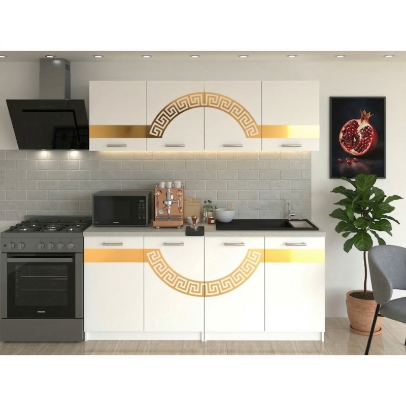 Bucatarie Sofia 200 cm Alb cu Ornament Gold