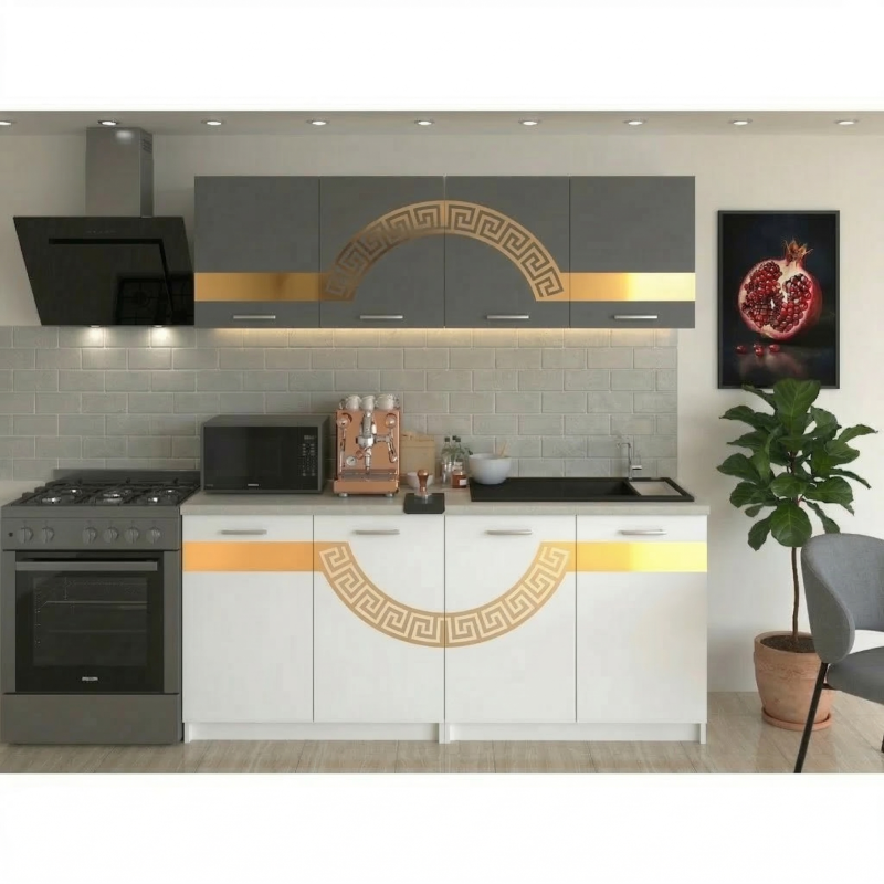 Bucatarie Sofia 200 cm Alb Gri cu Ornament Gold