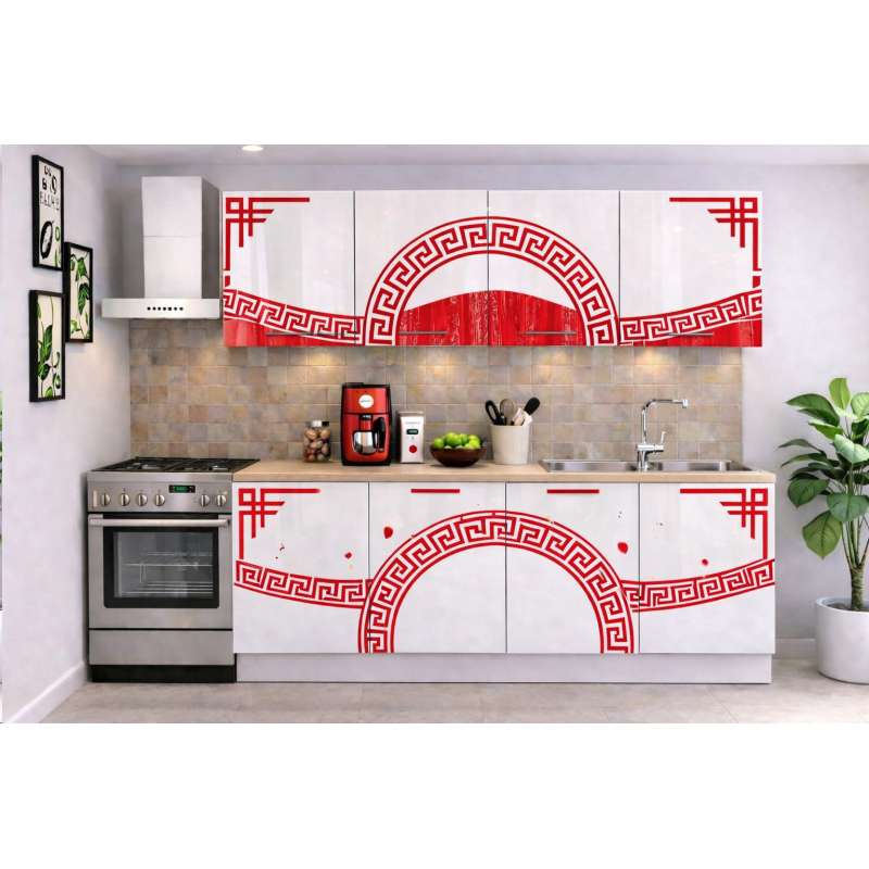 Bucatarie Verona 200 cm Alb Ornament Rosu