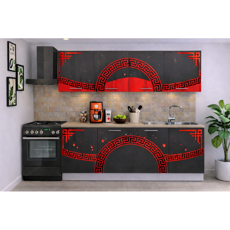 Bucatarie Verona 200 cm Gri Ornament Rosu