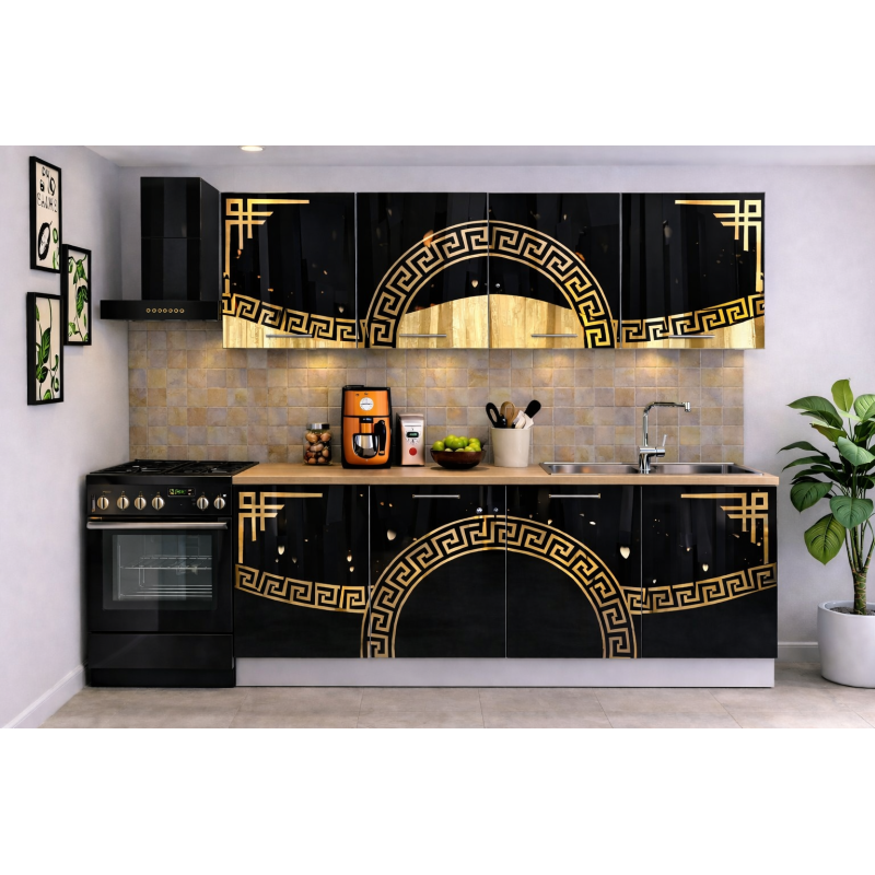 Bucatarie Verona 200 cm Negru Lucios Ornament Gold