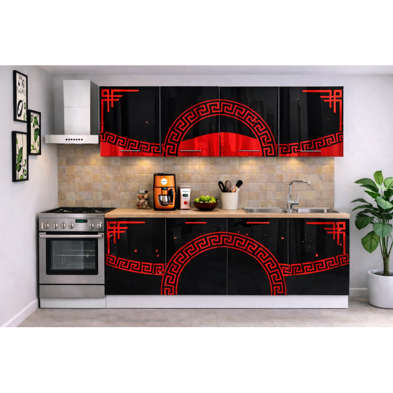 Bucatarie Verona 200 cm Negru Lucios Ornament Rosu