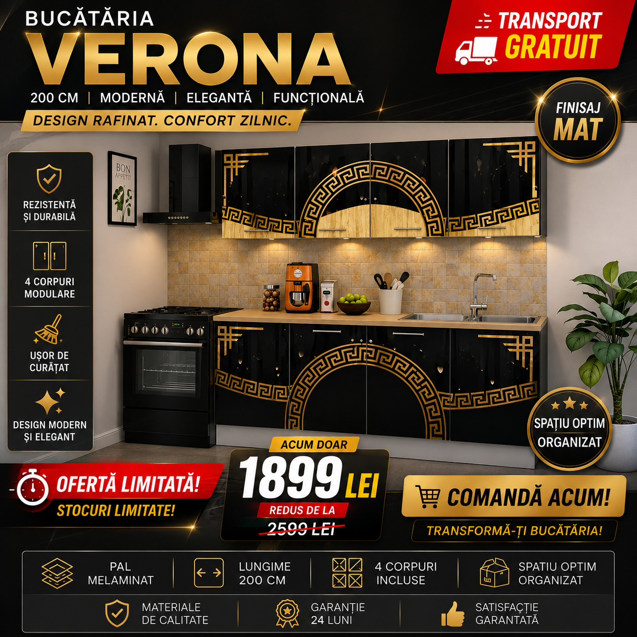 Bucatarie Verona 200 cm Negru Lucios Ornament Gold