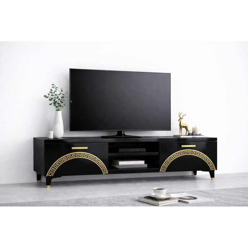 Comoda TV Living Viena 180 cm Negru Lucios cu ornament Gold Cod20