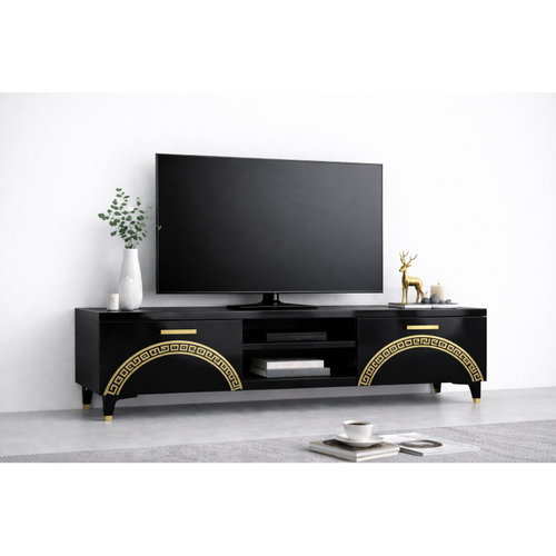 Comoda TV Living Viena 180 cm Negru Lucios cu ornament Gold Cod20