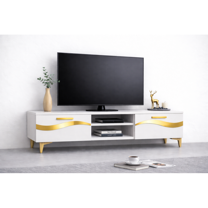 Comoda TV Living Viena 180 cm Alb cu ornament Gold Cod10