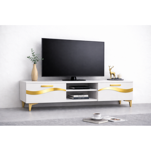 Comoda TV Living Viena 180 cm Alb cu ornament Gold Cod10