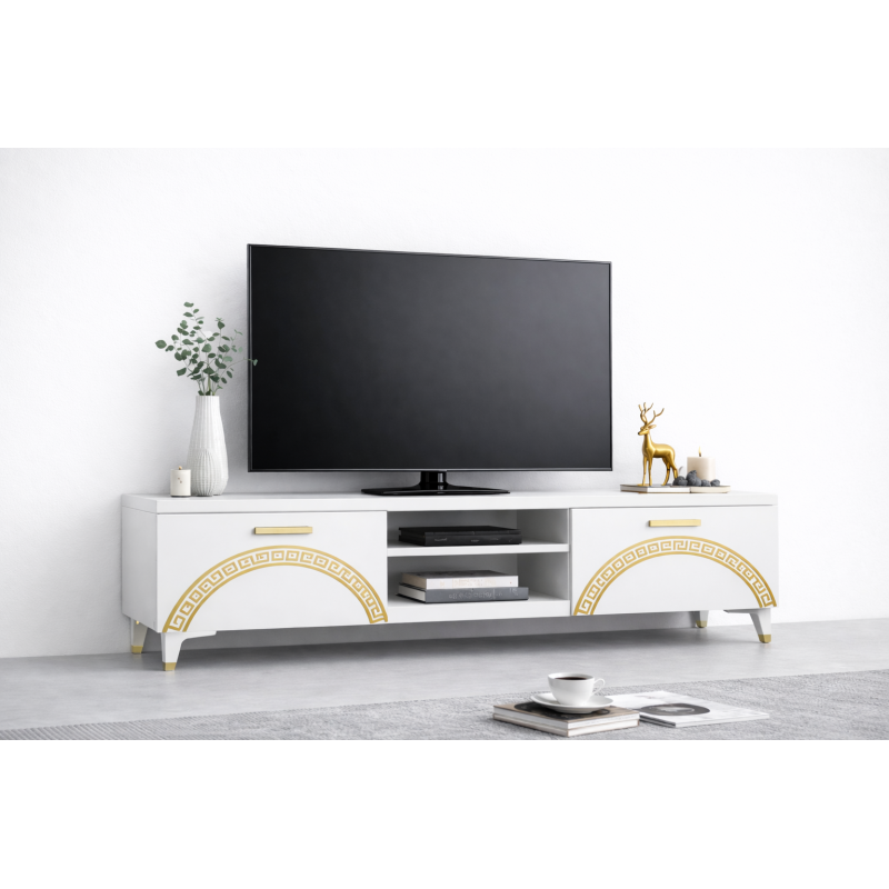 Comoda TV Living Viena 180 cm Alb cu ornament Gold Cod20