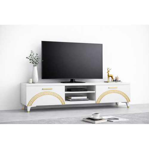 Comoda TV Living Viena 180 cm Alb cu ornament Gold Cod20