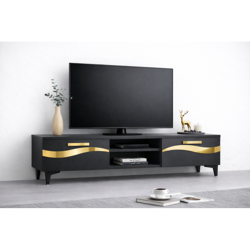Comoda TV Living Viena 180 cm Gri cu ornament Gold Cod10