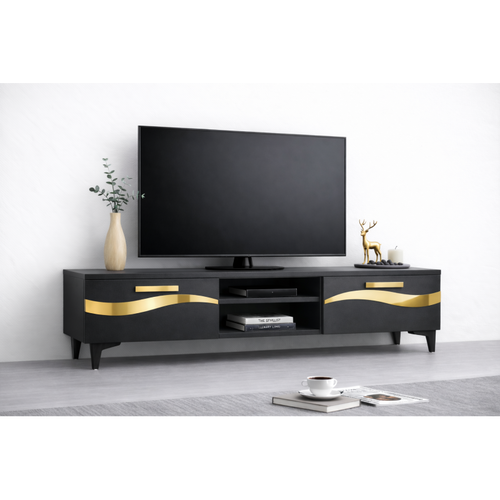 Comoda TV Living Viena 180 cm Gri cu ornament Gold Cod10