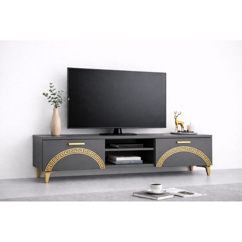 Comoda TV Living Viena 180 cm Gri cu ornament Gold Cod20