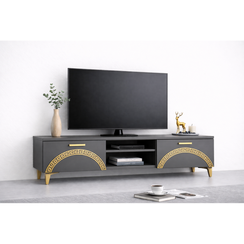 Comoda TV Living Viena 180 cm Gri cu ornament Gold Cod20