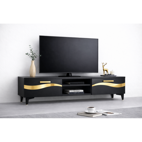 Comoda TV Living Viena 180 cm Negru Lucios cu ornament Gold Cod10