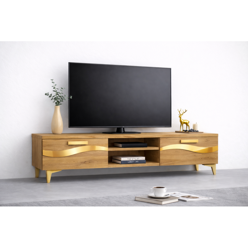 Comoda TV Living Viena 180 cm Oak Craft Gold cu ornament Gold Cod10