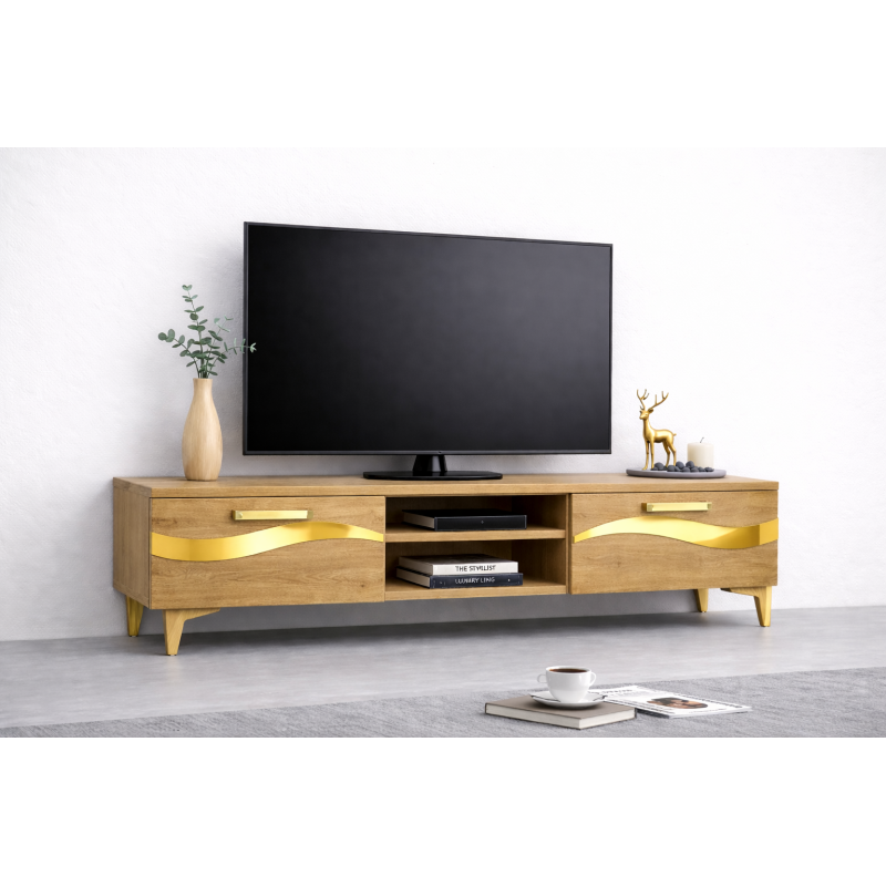 Comoda TV Living Viena 180 cm Sonoma cu ornament Gold Cod10