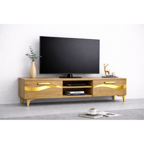 Comoda TV Living Viena 180 cm Sonoma cu ornament Gold Cod10
