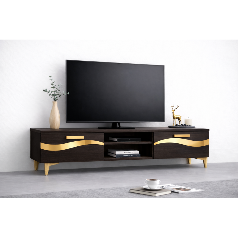Comoda TV Living Viena 180 cm Wenge cu ornament Gold Cod10
