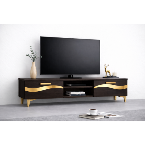 Comoda TV Living Viena 180 cm Wenge cu ornament Gold Cod10