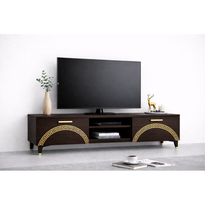 Comoda TV Living Viena 180 cm Wenge cu ornament Gold Cod20