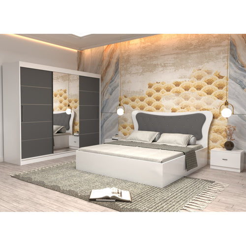 copy of Dormitor Dante Alb cu Pat Matrimonial cu tapiterie gri 160 cm x 200 cm Dulap 250 Alb cu usi Gri cu oglinda si Noptiere