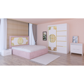 Dormitor Stefan Alb COD113 Cu Pat Tapitat Roz Dulap Usi Culisante 150 cm x 200 cm Noptiere si Comoda Tv Lorena