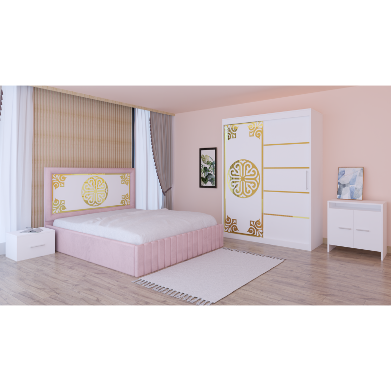 Dormitor Stefan Alb COD113 Cu Pat Tapitat Roz Dulap Usi Culisante 150 cm x 200 cm Noptiere si Comoda Tv Lorena