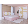Dormitor Stefan Alb COD113 Cu Pat Tapitat Roz Dulap Usi Culisante 150 cm x 200 cm Noptiere