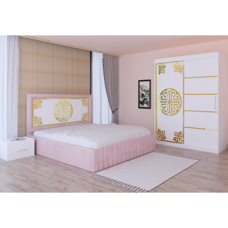 Dormitor Stefan Alb COD113 Cu Pat Tapitat Roz Dulap Usi Culisante 150 cm x 200 cm Noptiere