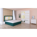 Dormitor Stefan Alb COD113 Cu Pat Tapitat Verde Dulap Usi Culisante 150 cm x 200 cm Noptiere si Comoda Tv Lorena