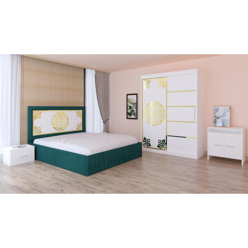 Dormitor Stefan Alb COD113 Cu Pat Tapitat Verde Dulap Usi Culisante 150 cm x 200 cm Noptiere si Comoda Tv Lorena