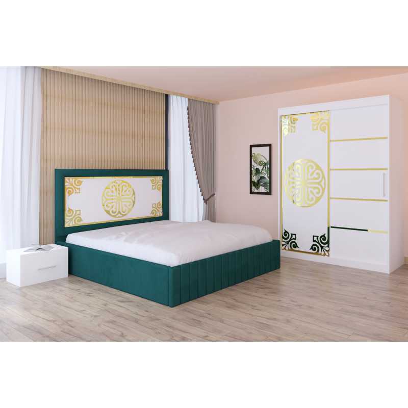 Dormitor Stefan Alb COD113 Cu Pat Tapitat Verde Dulap Usi Culisante 150 cm x 200 cm Noptiere