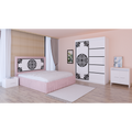 Dormitor Stefan Alb COD115 Cu Pat Tapitat Roz Dulap Usi Culisante 150 cm x 200 cm Noptiere si Comoda Tv Lorena
