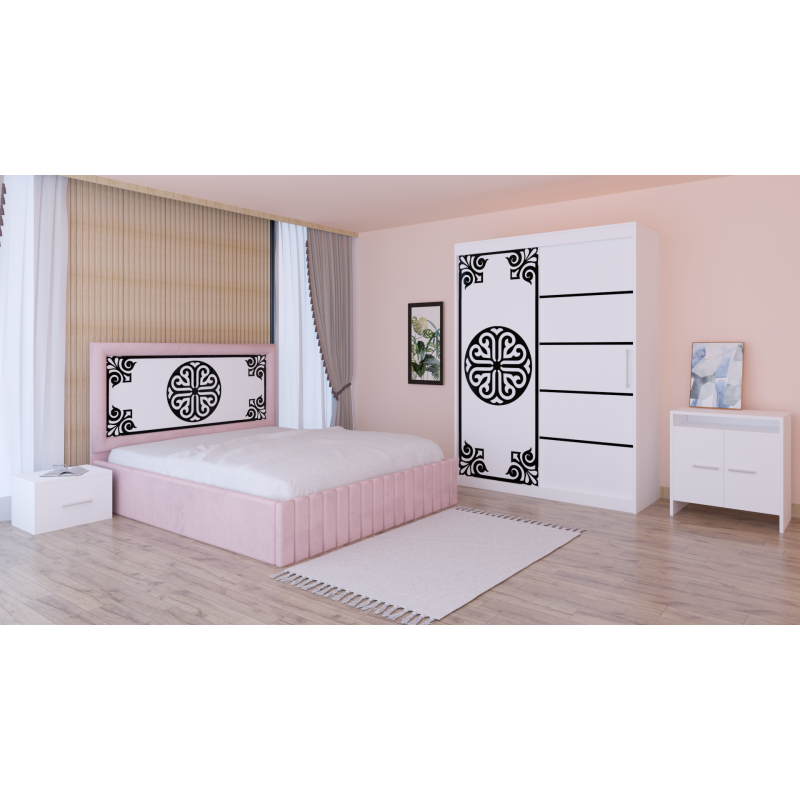 Dormitor Stefan Alb COD115 Cu Pat Tapitat Roz Dulap Usi Culisante 150 cm x 200 cm Noptiere si Comoda Tv Lorena