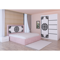 Dormitor Stefan Alb COD115 Cu Pat Tapitat Roz Dulap Usi Culisante 150 cm x 200 cm Noptiere