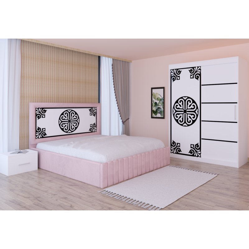 Dormitor Stefan Alb COD115 Cu Pat Tapitat Roz Dulap Usi Culisante 150 cm x 200 cm Noptiere