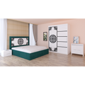 Dormitor Stefan Alb COD115 Cu Pat Tapitat Verde Dulap Usi Culisante 150 cm x 200 cm Noptiere si Comoda Tv Lorena